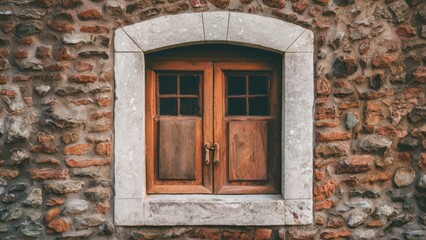 Rustic wooden window shutters closed against a textured stone wall with earthy red and gray tones, featuring arched top and metal latch.
