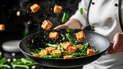 Chef tossing tofu and snow peas in a wok. (1)