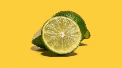 Freshly cut lime half resting on a vibrant yellow background, showcasing bright green outer skin and juicy, textured flesh with visible segments.