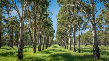 Obraz premium Scenic eucalyptus plantation in a rural countryside with vibrant green grass under a bright blue sky and sunlight filtering through trees