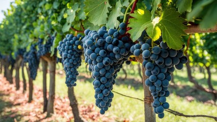 Obraz premium Vibrant clusters of dark blue grapes hang from lush green vines under clear skies in a scenic vineyard highlighting natural wine production.