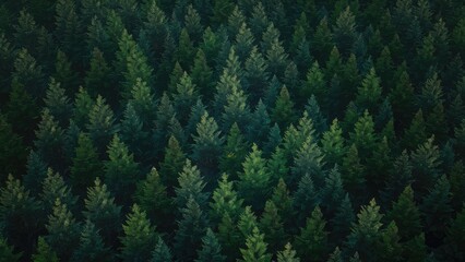 Lush green pine forest with dense evergreen tree canopy overhead creating rich shades of dark green and subtle light reflections from foliage.