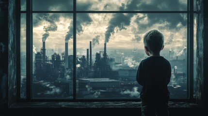 Fototapeta premium The child stood with his back turned to look at the city view window with a factory that emitted toxic smoke.