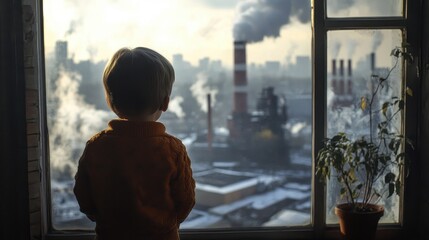 The child stood with his back turned to look at the city view window with a factory that emitted toxic smoke.