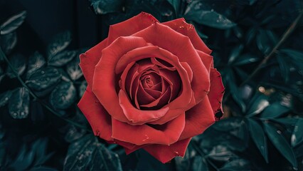 Vibrant red rose in full bloom centered amidst dark green leaves showcasing intricate petal layers and soft texture against a moody background