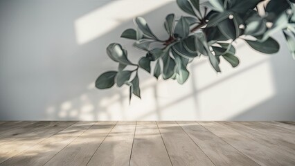 Minimalist interior with a soft light background showcasing a blurred foliage shadow on a bright wall and seamless wooden floor in natural tones
