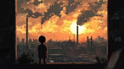 Fototapeta premium The child stood with his back turned to look at the city view window with a factory that emitted toxic smoke.