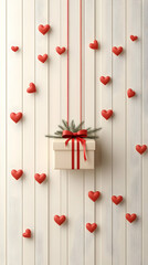 Fototapeta premium Gift, hearts, wood, hanging, ribbon, festive, background, Valentine's, design, backdrop