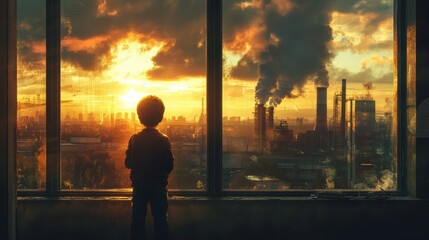 Fototapeta premium The child stood with his back turned to look at the city view window with a factory that emitted toxic smoke.