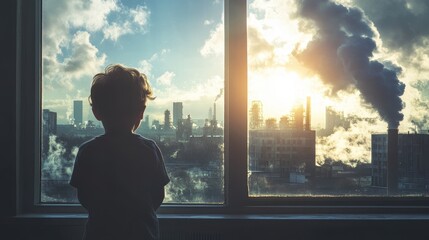 Fototapeta premium The child stood with his back turned to look at the city view window with a factory that emitted toxic smoke.