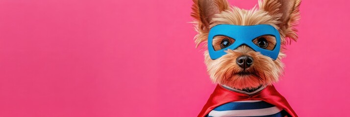 Obraz premium Cute Yorkshire Terrier dog in superhero costume against pink background.
