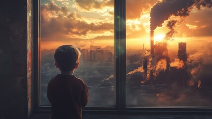 Fototapeta premium The child stood with his back turned to look at the city view window with a factory that emitted toxic smoke.