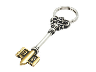 Isolated antique gold and silver key with house design