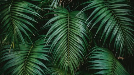 Lush green palm leaf background featuring a variety of large elongated leaves densely arranged against a dark backdrop for vibrant imagery.
