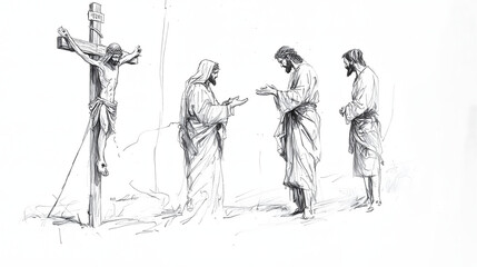 Obraz premium Jesus Converses With Two Figures Near the Crucifixion