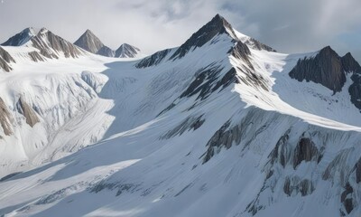 Glacial features on alaskan mountain slopes such as seracs and bergschrund, glacial valley, snowy peak