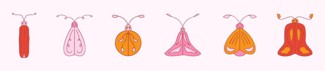 Lovely collection of hand-drawn bugs in pink, orange, and red shades. Whimsical colorful clipart with doodle bugs for decorative purposes 
