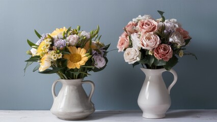 Real and artificial flowers in contrasting vases positioned on a light wooden surface with muted blue backdrop featuring vibrant yellows and soft pinks