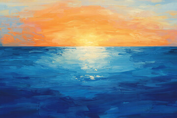 Obraz premium Vibrant sunset over a calm ocean with hues of orange and blue reflecting on the water's surface