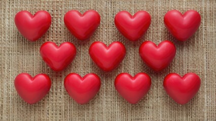 Fototapeta premium Red heart decorations arranged in two rows against a textured burlap background with neutral tones creating a warm, romantic atmosphere.