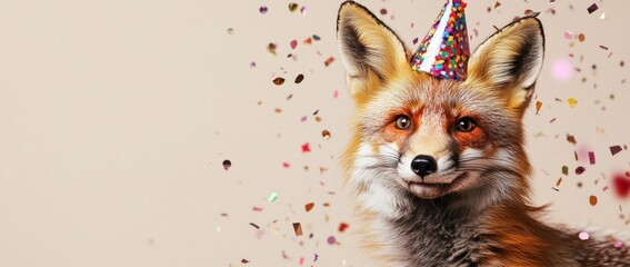 Festive red fox wearing a party hat amidst confetti.