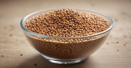 Glass bowl filled with tiny brown millet grains, kitchenware, bowls, filled