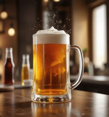 Glass mug with foam and beer splash on counter, beverage, liquid
