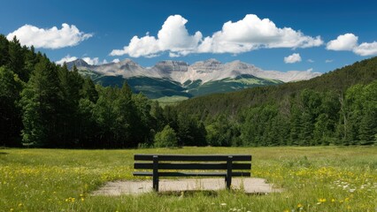 Serene landscape with lush green forest and vibrant meadow under clear blue sky featuring a black bench in the foreground against mountain backdrop