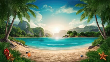 Fototapeta premium Tropical beach landscape with calm turquoise waves, lush green palm trees on sandy shore, vibrant flora, and serene sunset creating ample copy space.