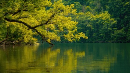 Fototapeta premium Lush green branches with vibrant foliage extend over a still lake reflecting the serene landscape surrounded by dense woodland.