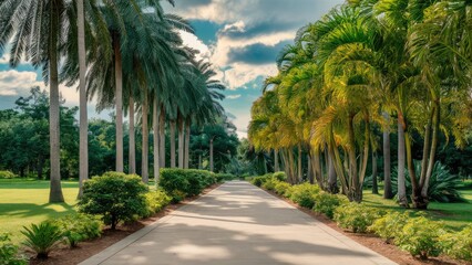 Scenic park walkway lined with lush palms and vibrant greenery under a partly cloudy sky, inviting serene outdoor exploration.