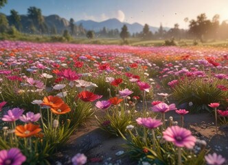 Fototapeta premium glittering dust adds a touch of magic to a field of flowers, mystical atmosphere, magical scenery, natural wonder