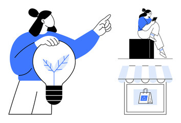 Woman holding lightbulb with leaf inside, person sitting on box using phone, shopping bag under store awning. Ideal for innovation, creativity, technology, ecommerce, entrepreneurship