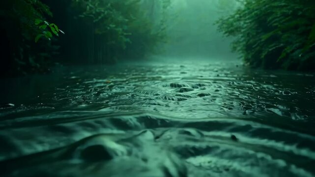 Raindrops falling in a forest stream, water ripples, moody nature background. Slow motion outdoor shot. For social media, website, intro, outro