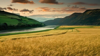 Obraz premium Lush golden barley fields with rippling waves under a pink sunset sky, bordered by green hills and a serene meandering river below.