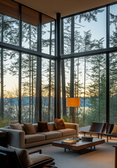 Minimalist Modern Living Room with Forest View in Washington State