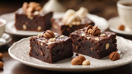 A plate of decadent chocolate brownies stacked on a decorative white lace doily,