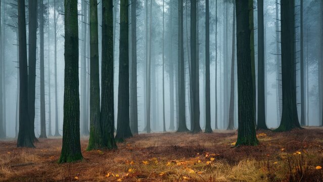 Misty forest with tall dark green trees and sparse orange foliage on the ground creating a serene autumn atmosphere in soft foggy light