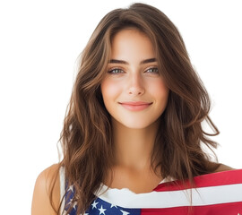a young woman with long brown hair, smiling softly. She is draped in an American flag, and the background is plain white, highlighting her and the flag. Her expression is calm and positive.