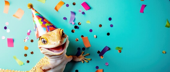 Happy gecko wearing a party hat amidst confetti.