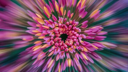 Obraz premium Colorful abstract blur of blooming flowers in vibrant pink, purple, and yellow hues, with a spiral pattern drawing the eye to a central black focal point.