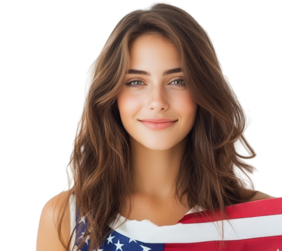 a young woman with long brown hair, smiling softly. She is draped in an American flag, and the background is plain white, highlighting her and the flag. Her expression is calm and positive.