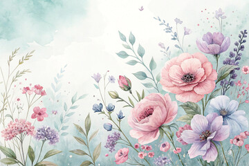 Pastel pink and purple watercolor flowers.