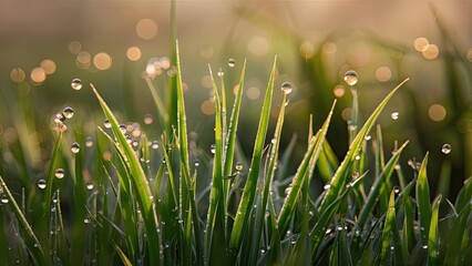 Fototapeta premium Morning dew droplets sparkle on vibrant green grass blades in a blurred golden background, creating a serene morning atmosphere.