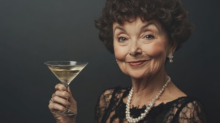 Elegant senior woman holding a martini glass, smiling subtly against a dark background.