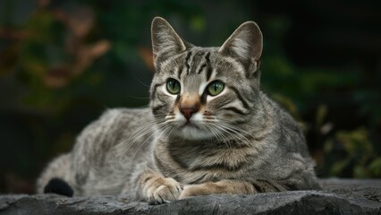 Calm gray tabby cat with striking green eyes lounging on a rocky surface surrounded by blurred green foliage in a serene outdoor setting.