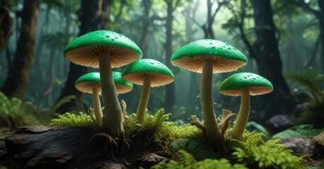 Glowing green mushrooms in a tropical rainforest, bioluminescent, rainforest