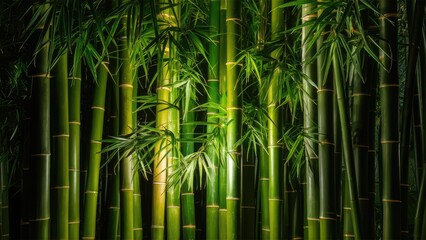 Vibrant green bamboo stalks with delicate leaves illuminated by soft light against a dark background, creating a serene natural ambiance.