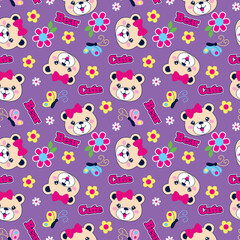 Seamless vector pattern of a bear head adorned with floral decoration and cute insects
