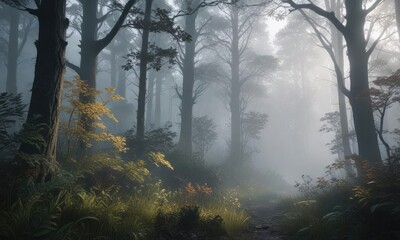Fototapeta premium Glowing plants and trees in a misty, foggy forest environment, shimmering atmosphere, mystic woods